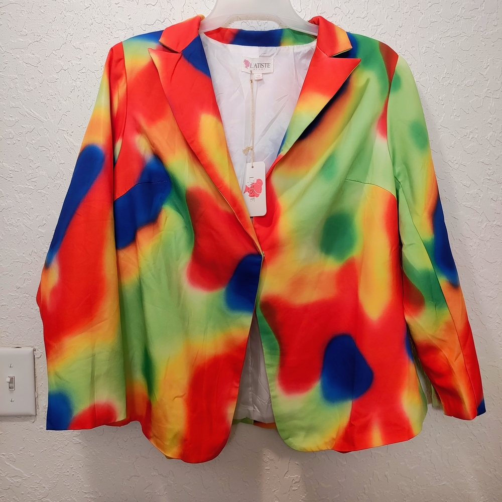 Red and Green Tie-Dye Blazer with Notched Lapel